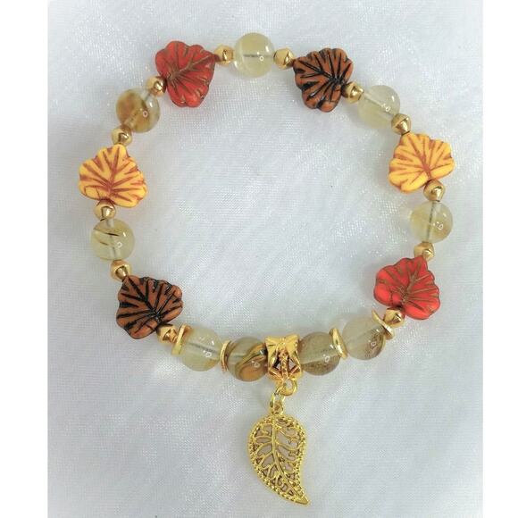 NEW Artisan Czech Glass Bracelet Fall Leaves Golden Accents Autumn Hues Earthy - Picture 5 of 11